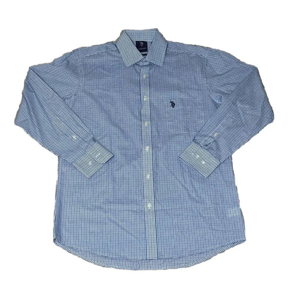 U.S. Polo Assn Checkered Blue Button Up Shirt Medium 15/15 1/2 32/33 Long Sleeve - Picture 1 of 7